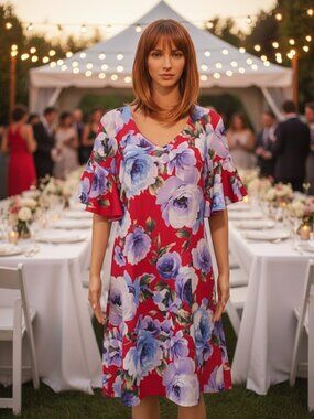 NWOT Marc Bouwer Dress Red Floral Scuba Material Bell Sleeves Medium NEW